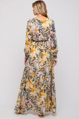 Yellow Floral Chiffon Wrap Front V-Neck Long Sleeve Maternity Maxi Dress