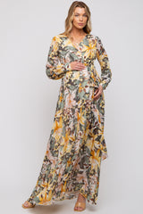 Yellow Floral Chiffon Wrap Front V-Neck Long Sleeve Maternity Maxi Dress