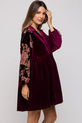 Plum Velvet Floral Long Sleeve Maternity Dress