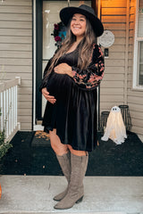 Black Velvet Floral Long Sleeve Maternity Dress