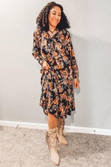 Black Floral Ruffle Neck Tiered Midi Dress