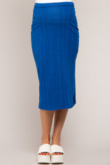 Royal Blue Soft Knit Ribbed Side Slit Maternity Midi Skirt