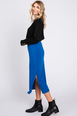 Royal Blue Soft Knit Ribbed Side Slit Midi Skirt