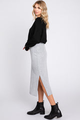 Heather Grey Soft Knit Ribbed Side Slit Midi Skirt