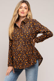 Brown Floral Corduroy Maternity Button Up Top