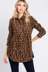 Brown Floral Corduroy Maternity Button Up Top