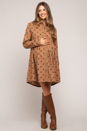 Mocha Heart Print Corduroy Maternity Button Up Dress