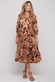 Brown Floral Collared Tiered Maternity Midi Dress