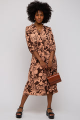 Brown Floral Collared Tiered Midi Dress