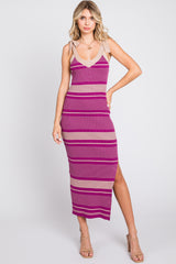 Magenta Striped Ribbed Sleeveless Knit Dress