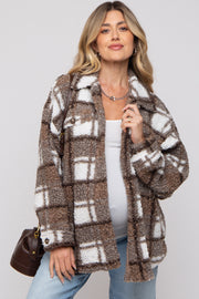 Brown Plaid Sherpa Maternity Jacket