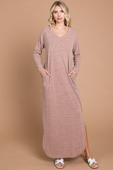 Mocha Heathered Pocketed Long Sleeve Maternity Maxi Dress