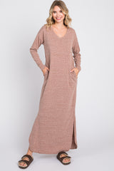 Mocha Heathered Pocketed Long Sleeve Maxi Dress