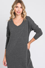 Charcoal Heathered Pocketed Long Sleeve Maxi Dress