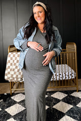 Charcoal Heathered Pocketed Long Sleeve Maternity Maxi Dress