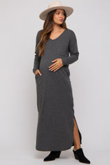 Charcoal Heathered Pocketed Long Sleeve Maternity Maxi Dress