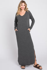 Charcoal Heathered Pocketed Long Sleeve Maternity Maxi Dress