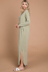 Light Olive Heathered Pocketed Long Sleeve Maxi Dress