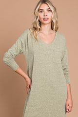 Light Olive Heathered Pocketed Long Sleeve Maxi Dress