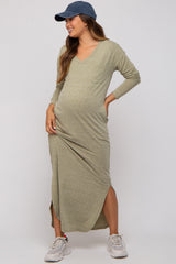 Light Olive Heathered Pocketed Long Sleeve Maternity Maxi Dress