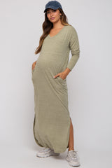 Light Olive Heathered Pocketed Long Sleeve Maternity Maxi Dress