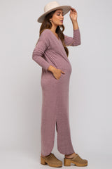 Plum Heathered Pocketed Long Sleeve Maternity Maxi Dress