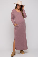 Plum Heathered Pocketed Long Sleeve Maternity Maxi Dress