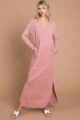 Pink Heathered Pocketed Long Sleeve Maternity Maxi Dress