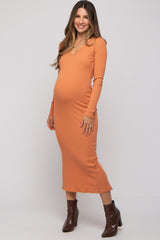 Peach Ribbed Long Sleeve Maternity Maxi Dress