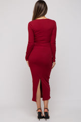 Burgundy Ribbed Long Sleeve Maternity Maxi Dress