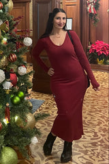 Burgundy Ribbed Long Sleeve Maxi Dress