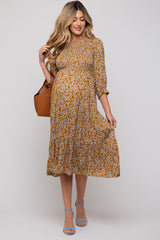 Camel Floral Smocked 3/4 Sleeve Maternity Midi Dress