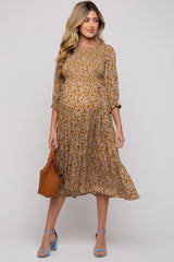 Camel Floral Smocked 3/4 Sleeve Maternity Midi Dress