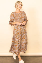 Camel Floral Smocked 3/4 Sleeve Maternity Midi Dress