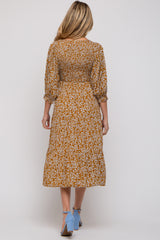 Camel Floral Smocked 3/4 Sleeve Maternity Midi Dress