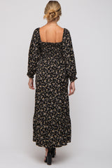 Black Floral Smocked Long Sleeve Maternity Maxi Dress