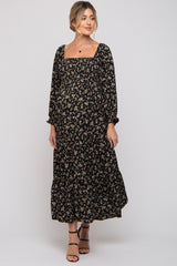 Black Floral Smocked Long Sleeve Maternity Maxi Dress