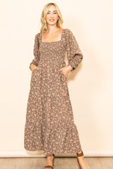 Mocha Floral Smocked Long Sleeve Maternity Maxi Dress