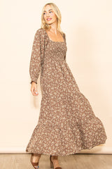 Mocha Floral Smocked Long Sleeve Maxi Dress