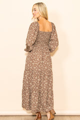 Mocha Floral Smocked Long Sleeve Maxi Dress