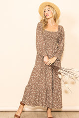 Mocha Floral Smocked Long Sleeve Maxi Dress