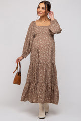 Mocha Floral Smocked Long Sleeve Maternity Maxi Dress