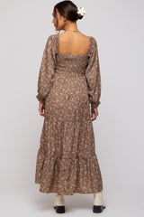 Mocha Floral Smocked Long Sleeve Maternity Maxi Dress