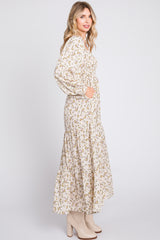 Cream Floral Smocked Long Sleeve Maxi Dress