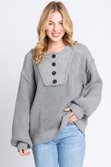 Grey Front Button Knit Sweater