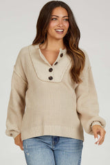 Beige Front Button Knit Maternity Sweater