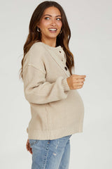 Beige Front Button Knit Maternity Sweater