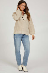 Beige Front Button Knit Maternity Sweater