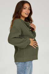 Olive Front Button Knit Maternity Sweater