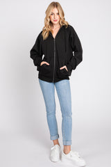 Black Front Zipper Hooded Sweater